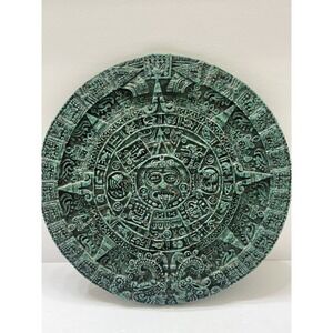 Aztec Calendar Sun Stone Wall Plaque Green Colorful Flecks Stone Finish 10"